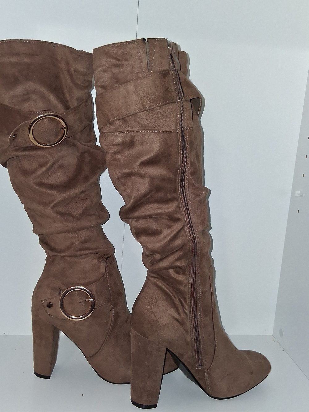 Brown Mid-Calf Suede High Heel Boots with Decorative Buckles